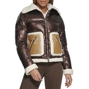 NWT Levis Breanna Faux Fur Pearlized Brown Sherpa Puffer Jacket Women's Size M